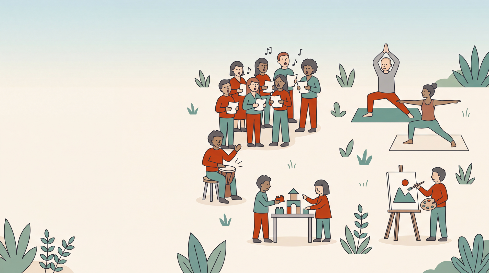 Illustrated collage of community activities at Duncan Place