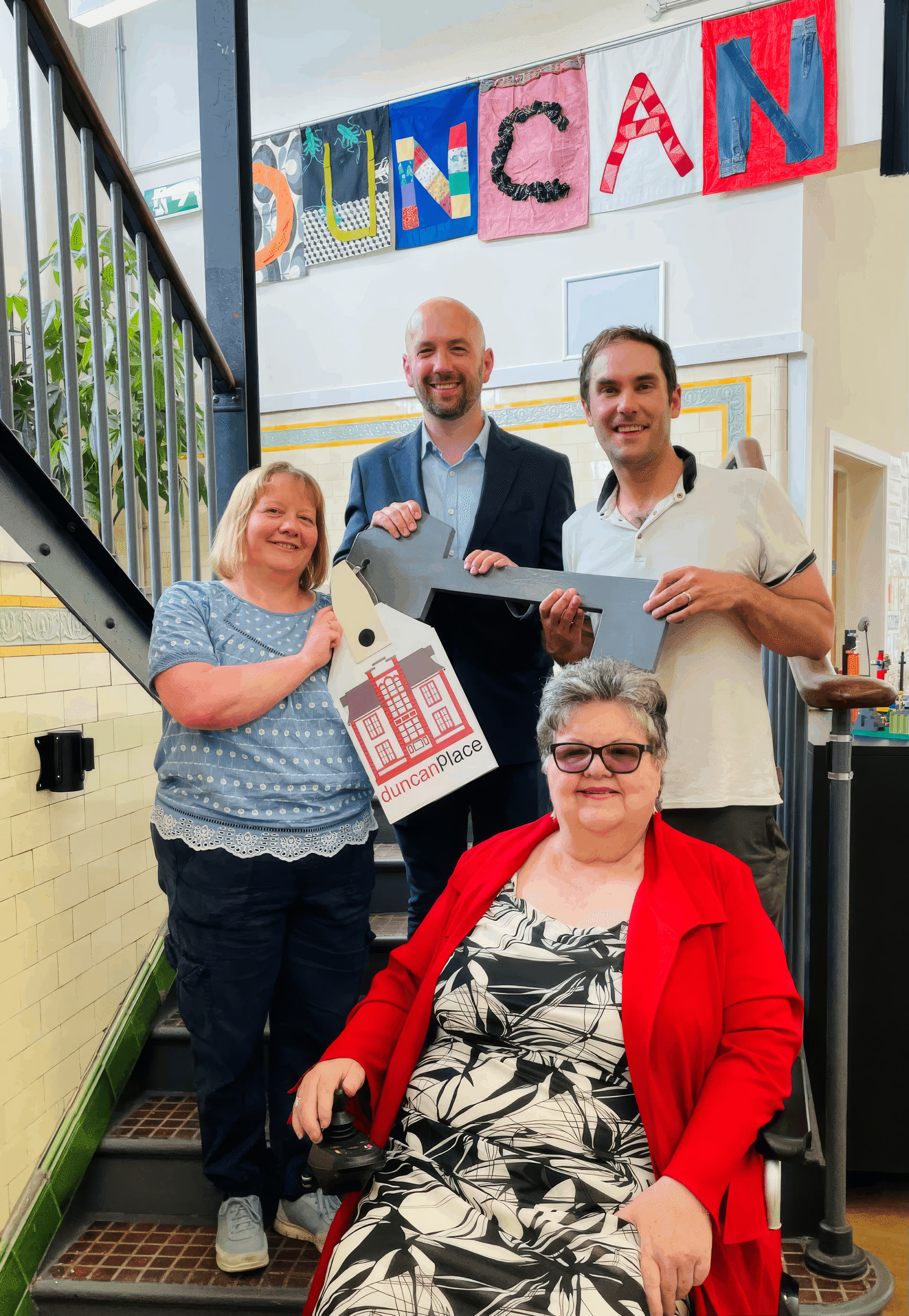 Community Asset Transfer handover: manager Nicola Lamberton, Councillor Adam McVey, Ben Macpherson MSP and former Chair Carol Leslie