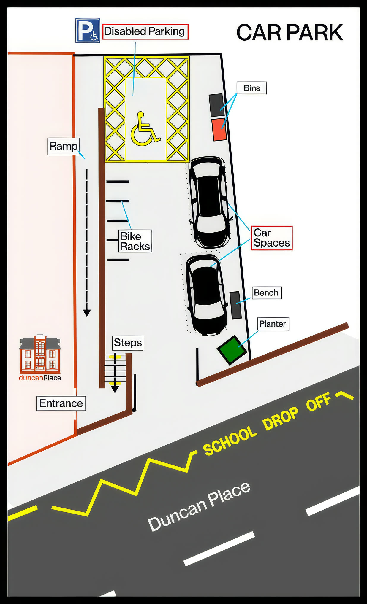 The Duncan Place car park with cars parked as the diagram describes
