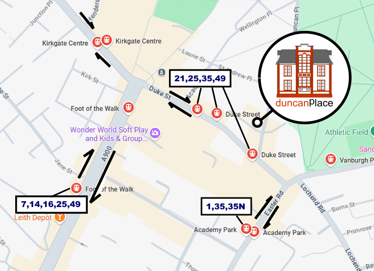 Bus routes serving the streets around Duncan Place Community Hub