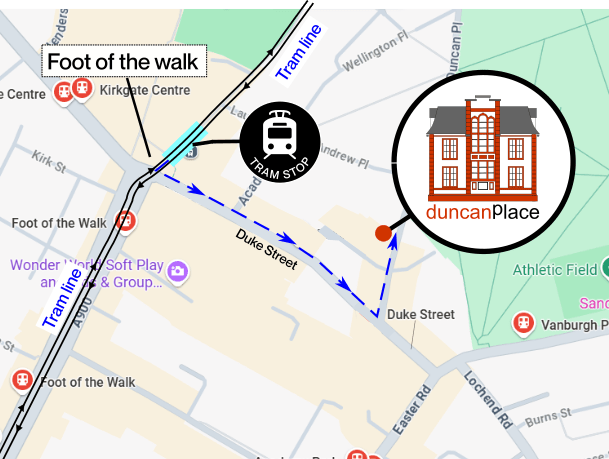 Edinburgh Trams route map showing the Foot of the Walk stop near Duncan Place